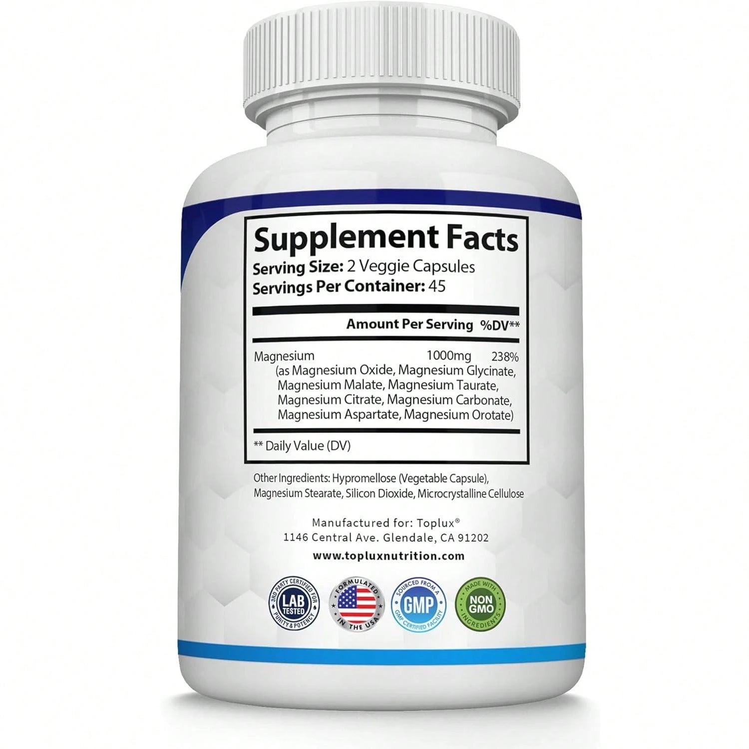 Toplux Magnesium Complex Supplement 8 Elemental 1000mg- Magnesium Glycinate, Citrate, Malate, Taurate, Chelated For Easy Absorption For Bones, Muscle, Recovery, Energy, Vegan Non-GMO 90 Capsules Vita