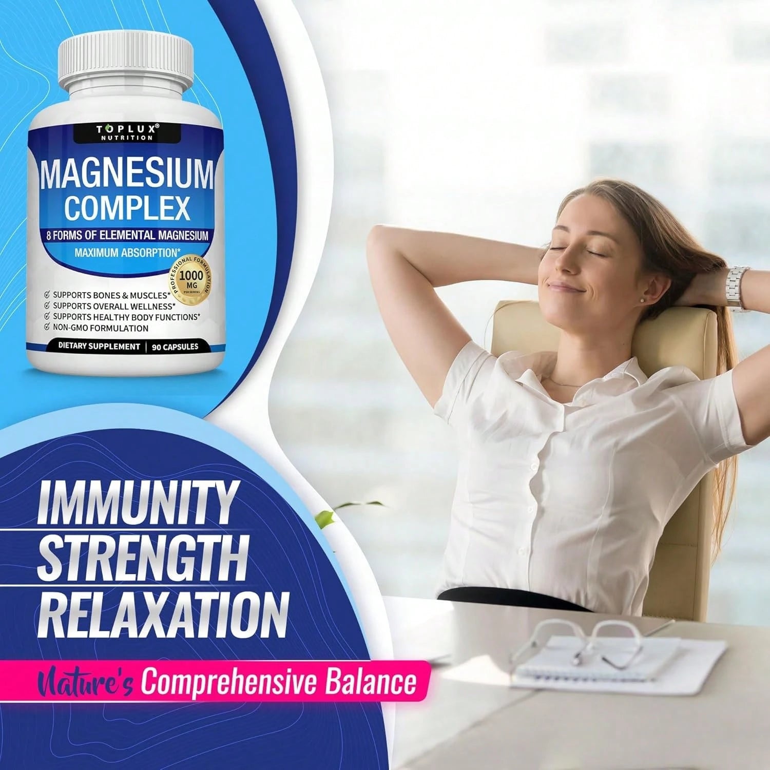 Toplux Magnesium Complex Supplement 8 Elemental 1000mg- Magnesium Glycinate, Citrate, Malate, Taurate, Chelated For Easy Absorption For Bones, Muscle, Recovery, Energy, Vegan Non-GMO 90 Capsules Vita