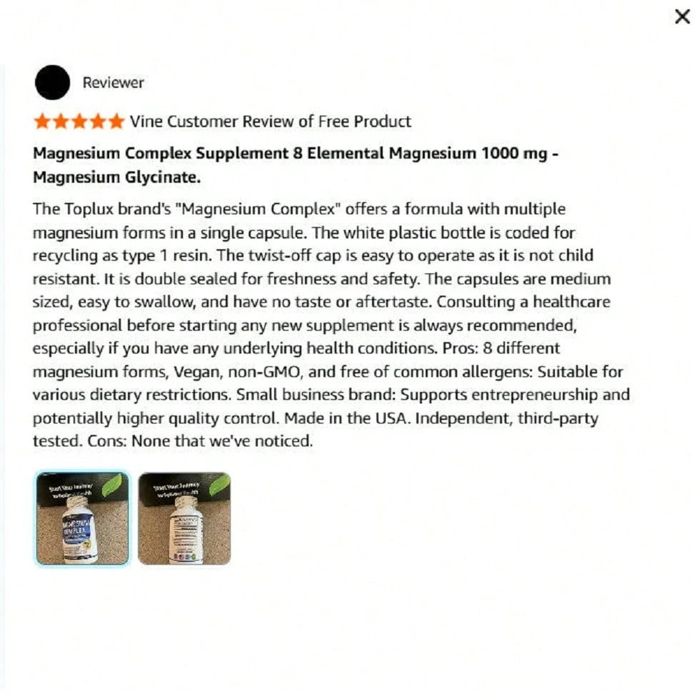 Toplux Magnesium Complex Supplement 8 Elemental 1000mg- Magnesium Glycinate, Citrate, Malate, Taurate, Chelated For Easy Absorption For Bones, Muscle, Recovery, Energy, Vegan Non-GMO 90 Capsules Vita