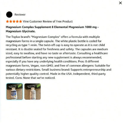 Toplux Magnesium Complex Supplement 8 Elemental 1000mg- Magnesium Glycinate, Citrate, Malate, Taurate, Chelated For Easy Absorption For Bones, Muscle, Recovery, Energy, Vegan Non-GMO 90 Capsules Vita