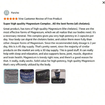 Toplux Magnesium Complex Supplement 8 Elemental 1000mg- Magnesium Glycinate, Citrate, Malate, Taurate, Chelated For Easy Absorption For Bones, Muscle, Recovery, Energy, Vegan Non-GMO 90 Capsules Vita
