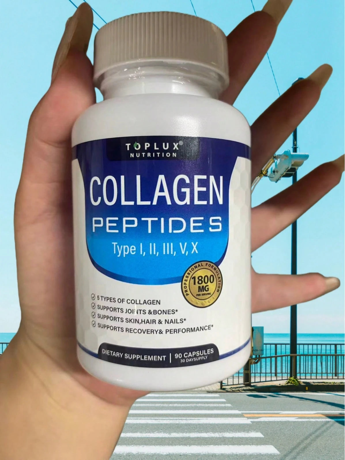 Toplux Multi Collagen Peptides Pills 1800 Mg Complex- Type I, II, III, V, X