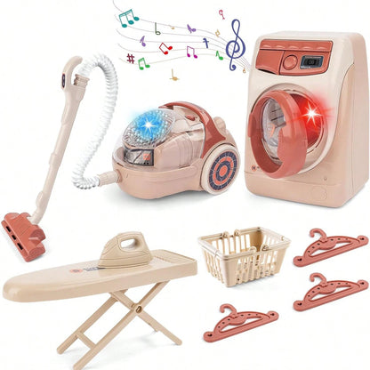 Toy Washing Machine & Vacuum Playset For Kids, Mini Washing Machine Laundry Set For Kids,Dollhouse Furniture Laundry Room Washer And Iron Set Kids Cleaning Set For Boys & Girls