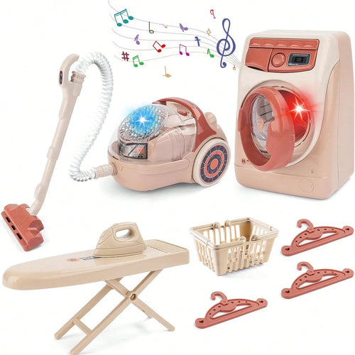 Toy Washing Machine & Vacuum Playset For Kids, Mini Washing Machine Laundry Set For Kids,Dollhouse Furniture Laundry Room Washer And Iron Set Kids Cleaning Set For Boys & Girls