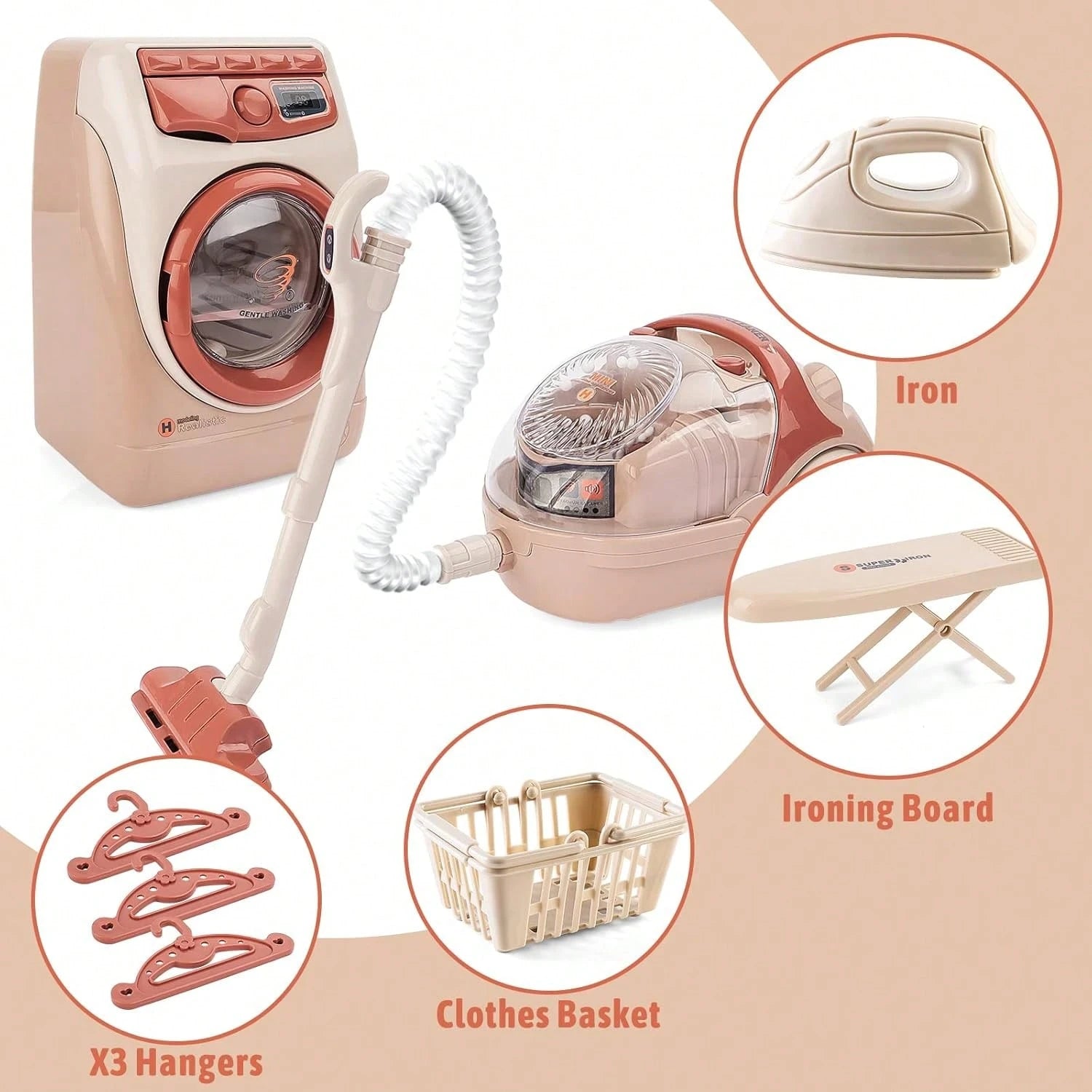Toy Washing Machine & Vacuum Playset For Kids, Mini Washing Machine Laundry Set For Kids,Dollhouse Furniture Laundry Room Washer And Iron Set Kids Cleaning Set For Boys & Girls