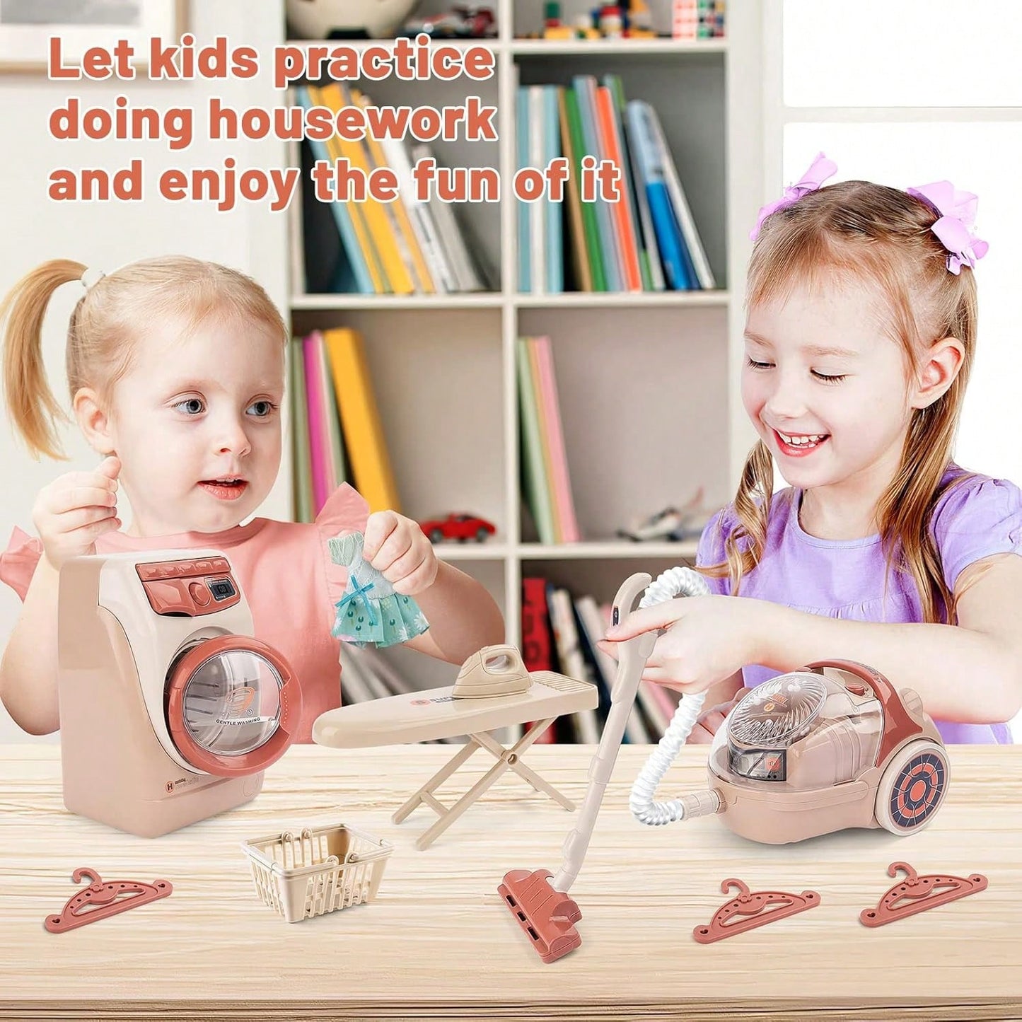 Toy Washing Machine & Vacuum Playset For Kids, Mini Washing Machine Laundry Set For Kids,Dollhouse Furniture Laundry Room Washer And Iron Set Kids Cleaning Set For Boys & Girls