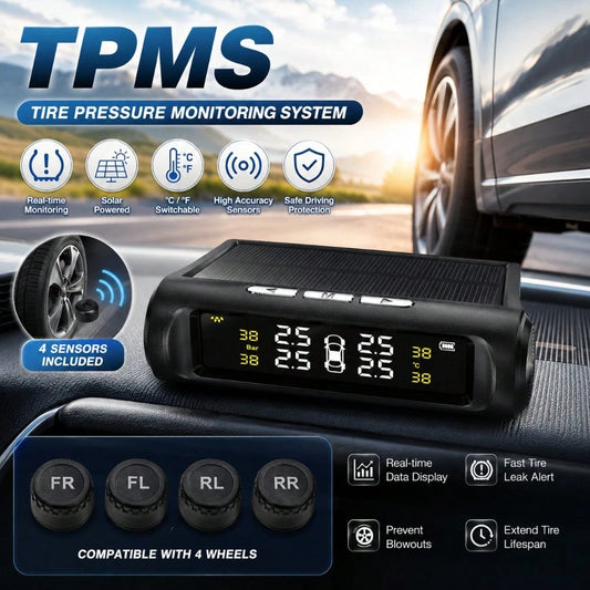 TPMS Solar Tire Pressure Sensor Car Tire Pressure Monitoring System With 4 Wheel Internal External Sensors TMPS
