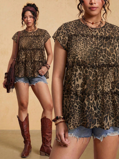 Travachic Plus Size Leopard Print Ruffle Hem Round Neck Short Sleeve Blouse Vacation Bussines Brown Summer Casual Boho