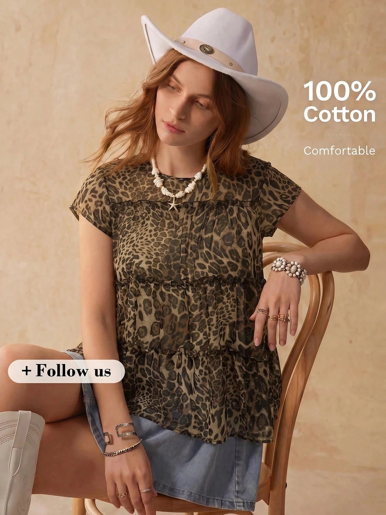 Travachic Plus Size Leopard Print Ruffle Hem Round Neck Short Sleeve Blouse Vacation Bussines Brown Summer Casual Boho