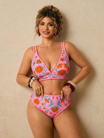 Travachic Plus Size Women's Floral Print Shell Embroidered Tank Top And Triangle Bikini Bottom Swimsuit Set