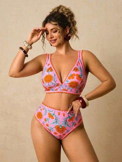 Travachic Plus Size Women's Floral Print Shell Embroidered Tank Top And Triangle Bikini Bottom Swimsuit Set