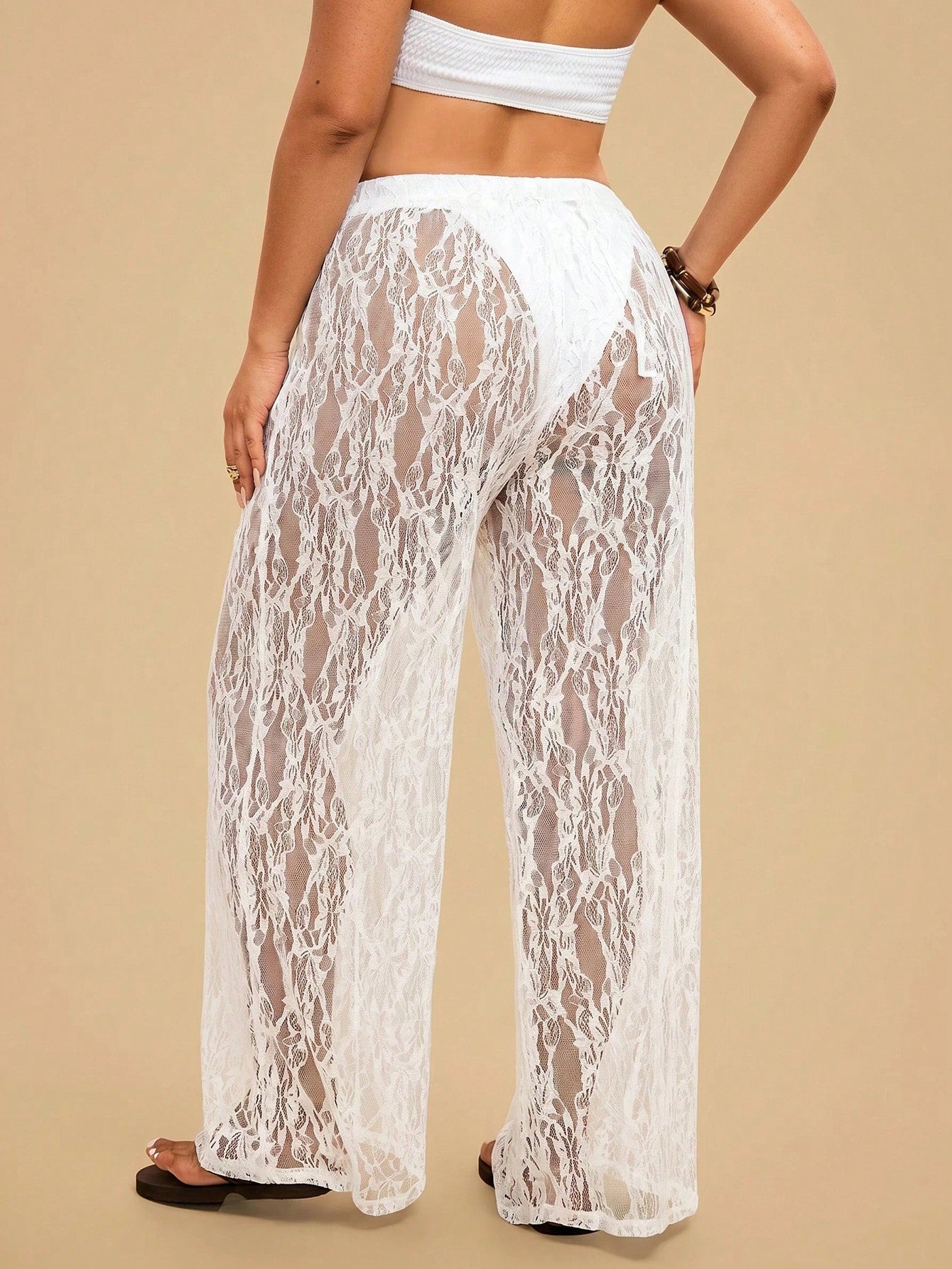 Travachic Plus Size Women's Lace Sheer Solid Color Beach Cover Up Pants,Casual,Vacation,Vacation Outfits Women,Vacation,Summer Holiday Outfits,Holiday Outfits For Women,Holiday