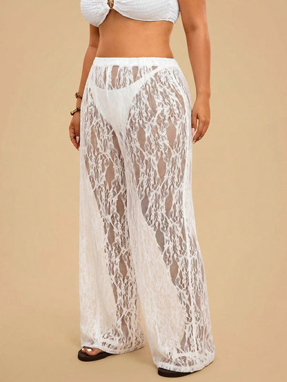 Travachic Plus Size Women's Lace Sheer Solid Color Beach Cover Up Pants,Casual,Vacation,Vacation Outfits Women,Vacation,Summer Holiday Outfits,Holiday Outfits For Women,Holiday