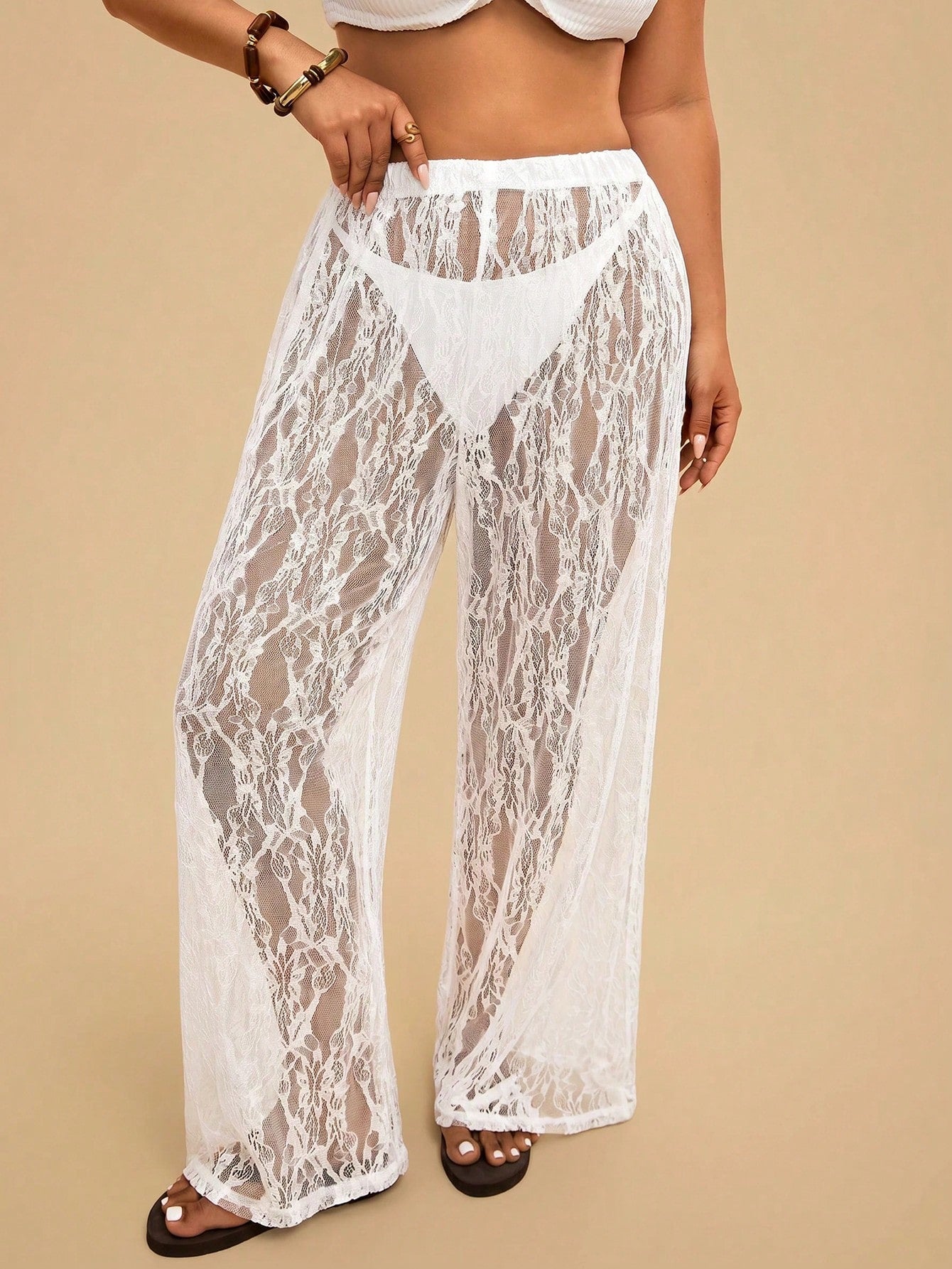 Travachic Plus Size Women's Lace Sheer Solid Color Beach Cover Up Pants,Casual,Vacation,Vacation Outfits Women,Vacation,Summer Holiday Outfits,Holiday Outfits For Women,Holiday