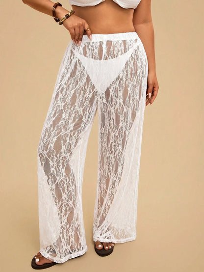 Travachic Plus Size Women's Lace Sheer Solid Color Beach Cover Up Pants,Casual,Vacation,Vacation Outfits Women,Vacation,Summer Holiday Outfits,Holiday Outfits For Women,Holiday