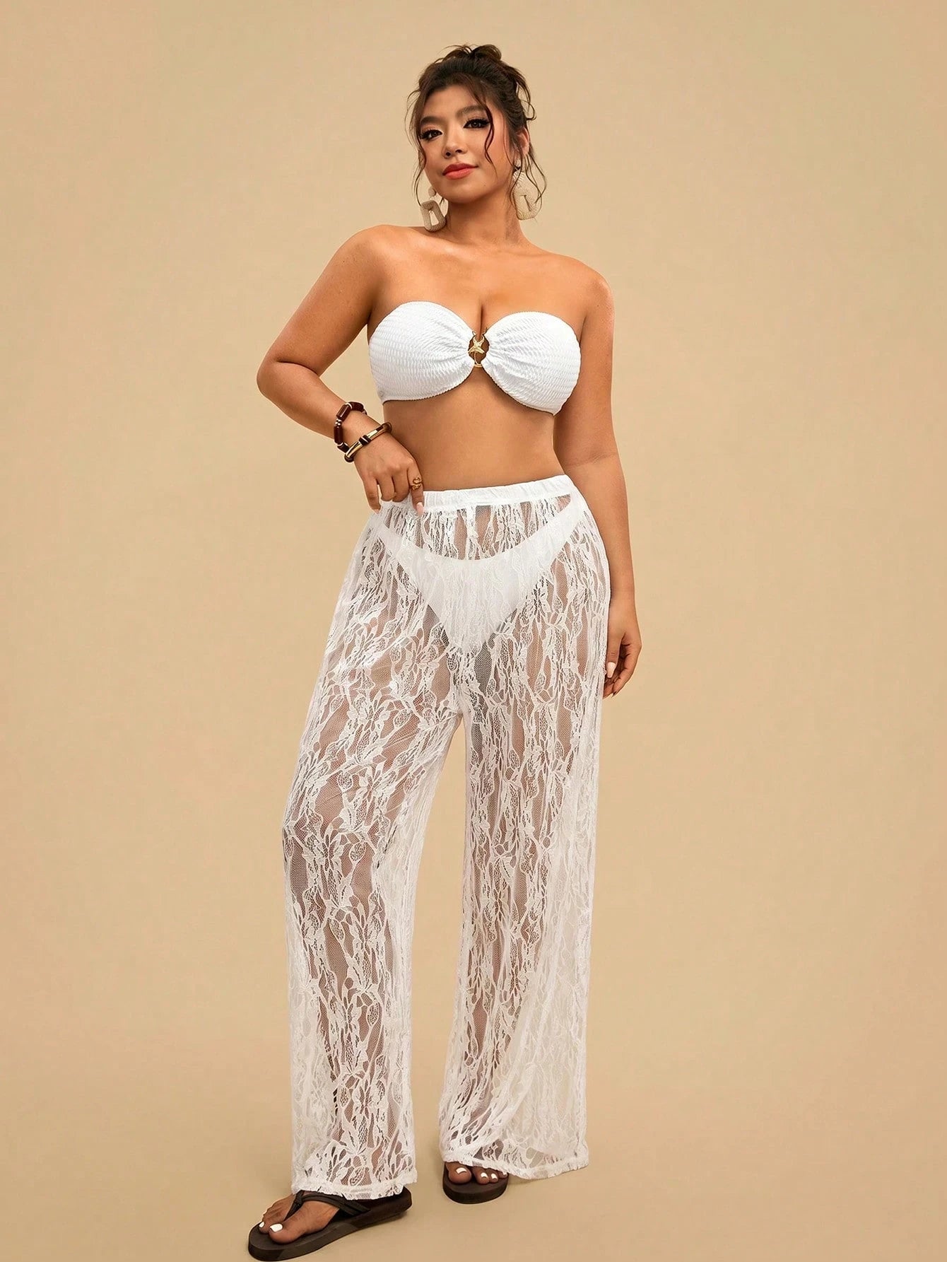 Travachic Plus Size Women's Lace Sheer Solid Color Beach Cover Up Pants,Casual,Vacation,Vacation Outfits Women,Vacation,Summer Holiday Outfits,Holiday Outfits For Women,Holiday