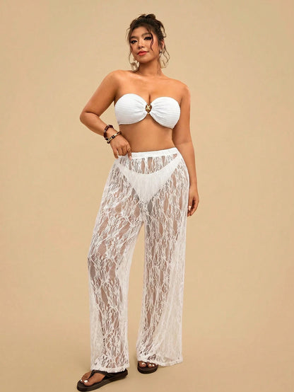 Travachic Plus Size Women's Lace Sheer Solid Color Beach Cover Up Pants,Casual,Vacation,Vacation Outfits Women,Vacation,Summer Holiday Outfits,Holiday Outfits For Women,Holiday