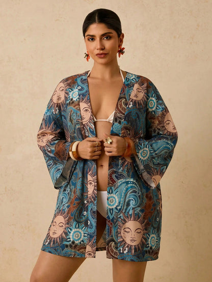 Travachic Plus Size Women's Navy Blue Ocean Fish Print Cover-Up, Mid-Length Sleeve Loose Kimono Top, Romantic Boho Early Summer Beach Vacation Hot Pattern Shirt