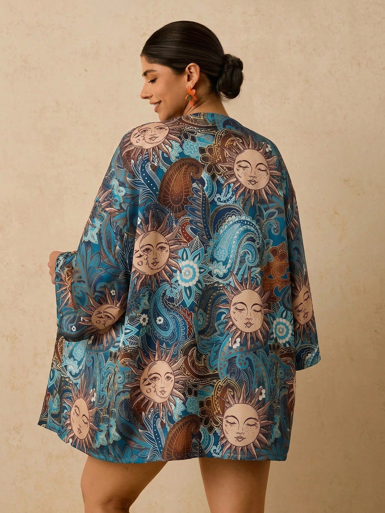 Travachic Plus Size Women's Navy Blue Ocean Fish Print Cover-Up, Mid-Length Sleeve Loose Kimono Top, Romantic Boho Early Summer Beach Vacation Hot Pattern Shirt