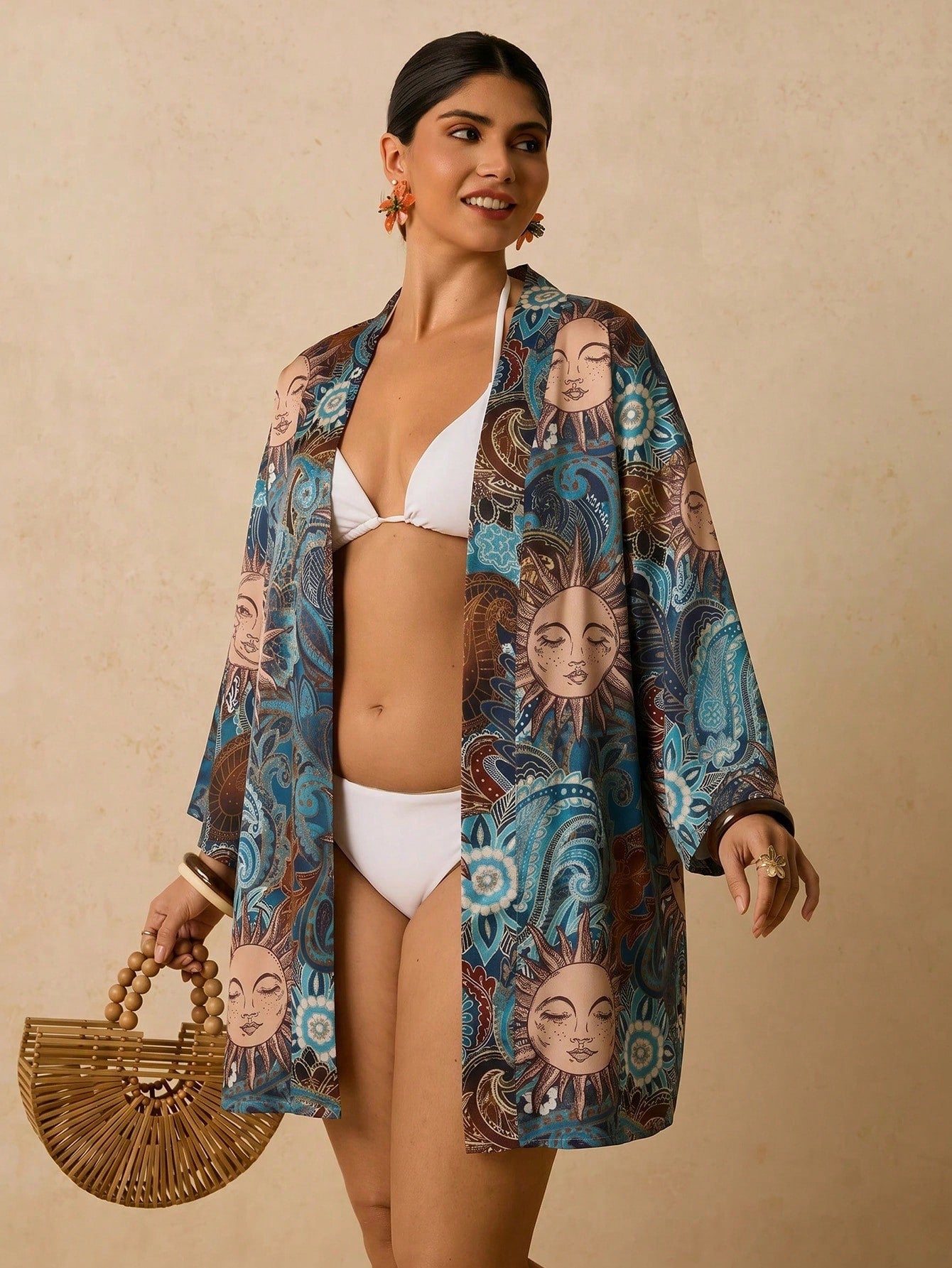 Travachic Plus Size Women's Navy Blue Ocean Fish Print Cover-Up, Mid-Length Sleeve Loose Kimono Top, Romantic Boho Early Summer Beach Vacation Hot Pattern Shirt
