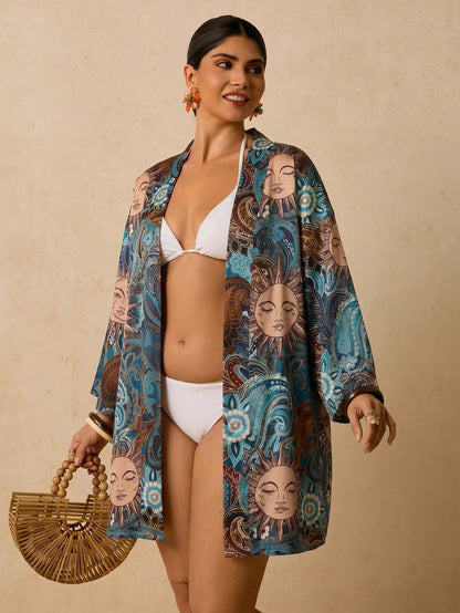 Travachic Plus Size Women's Navy Blue Ocean Fish Print Cover-Up, Mid-Length Sleeve Loose Kimono Top, Romantic Boho Early Summer Beach Vacation Hot Pattern Shirt