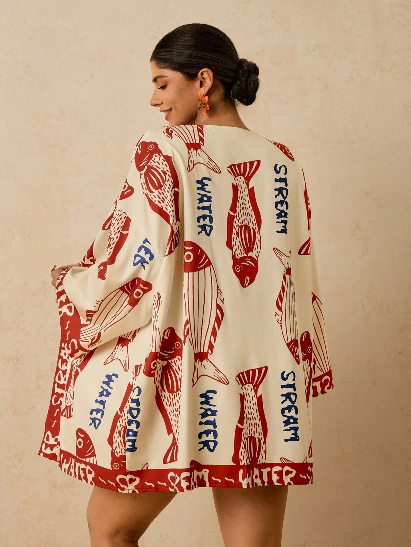 Travachic Plus Size Women's Navy Blue Ocean Fish Print Cover-Up, Mid-Length Sleeve Loose Kimono Top, Romantic Boho Early Summer Beach Vacation Hot Pattern Shirt