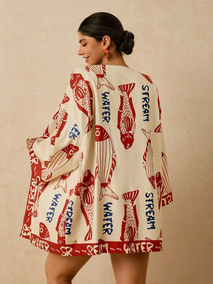 Travachic Plus Size Women's Navy Blue Ocean Fish Print Cover-Up, Mid-Length Sleeve Loose Kimono Top, Romantic Boho Early Summer Beach Vacation Hot Pattern Shirt