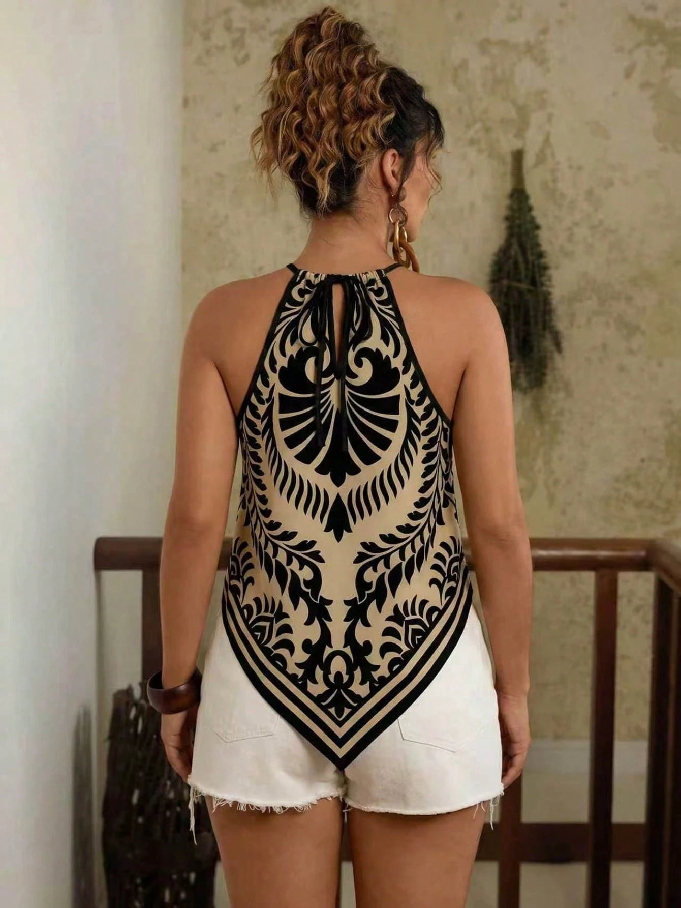 Travachic Plus Size Women's Summer Boho Vacation Halter Top, Elegant Beach Vacation Wear, Bohemian Concert Holiday Beige