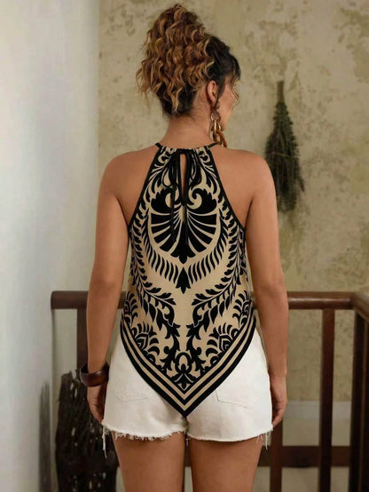 Travachic Plus Size Women's Summer Boho Vacation Halter Top, Elegant Beach Vacation Wear, Bohemian Concert Holiday Beige