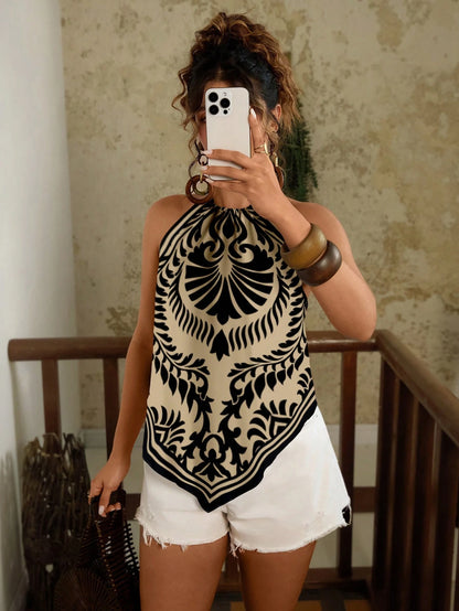 Travachic Plus Size Women's Summer Boho Vacation Halter Top, Elegant Beach Vacation Wear, Bohemian Concert Holiday Beige
