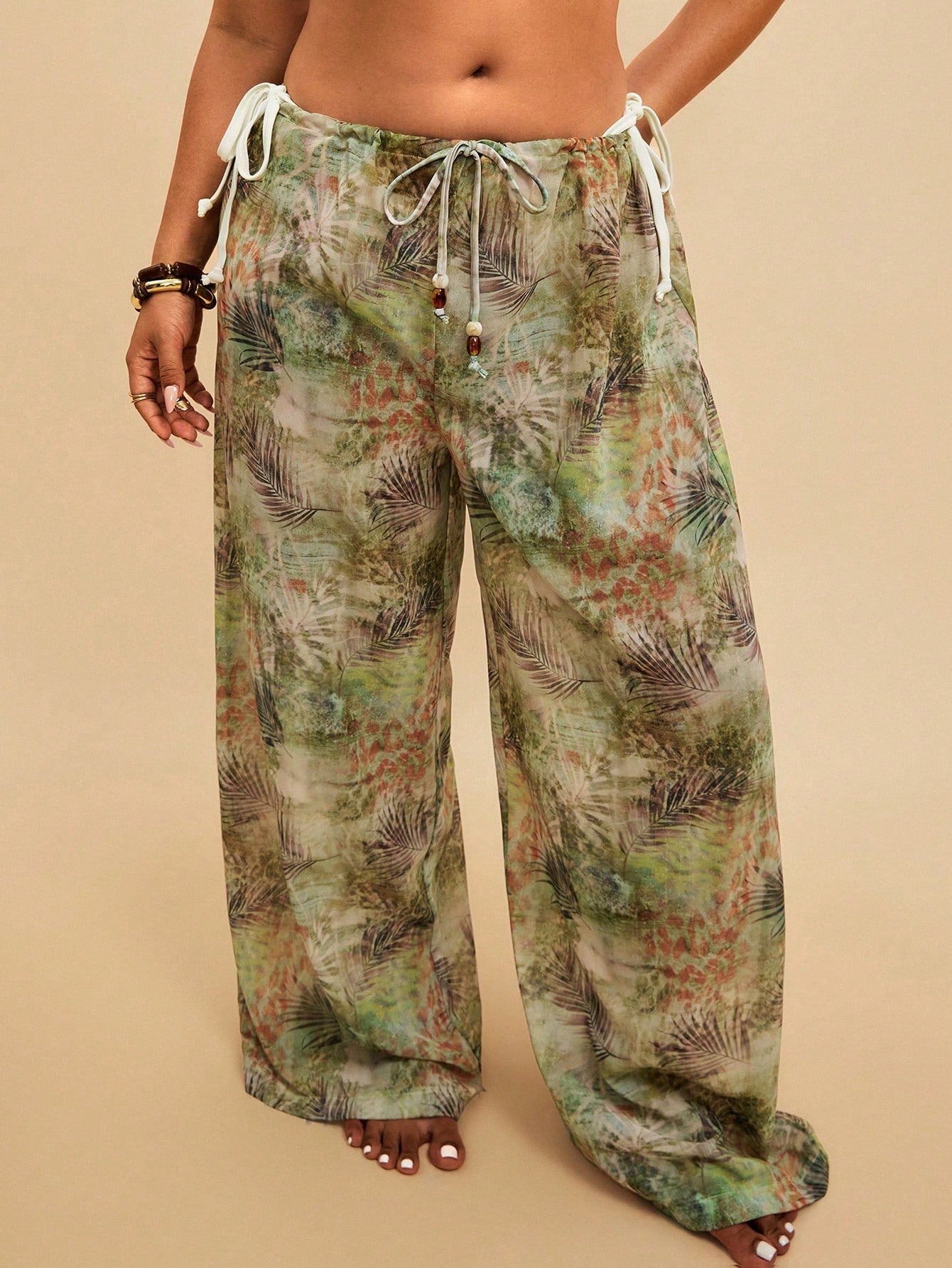 Travachic Women's Sage Green Summer Boho Elegant Beach Holiday Tropical Leaf Print Sheer Beach Cover-Up Pants,Lightweight Chiffon Drawstring Wide-Leg Trousers