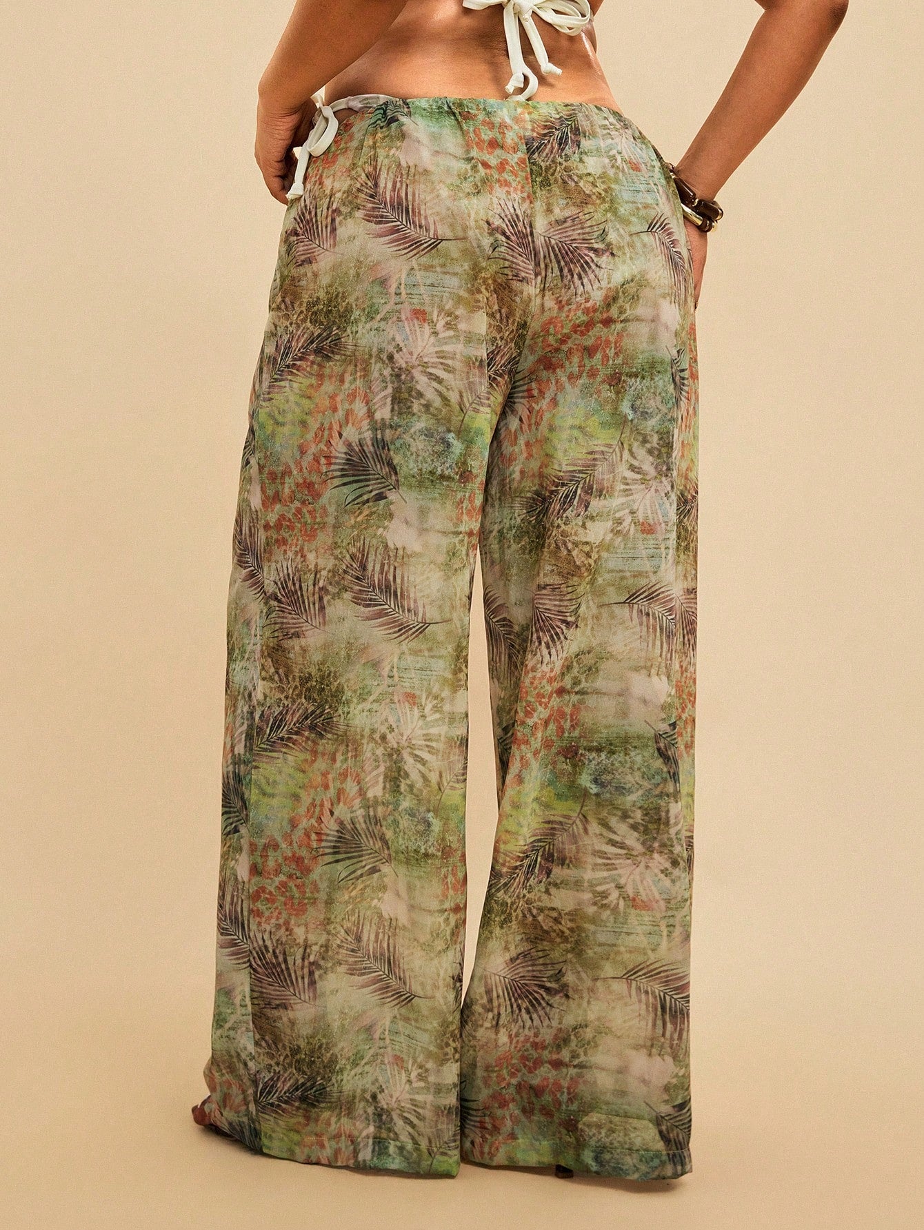Travachic Women's Sage Green Summer Boho Elegant Beach Holiday Tropical Leaf Print Sheer Beach Cover-Up Pants,Lightweight Chiffon Drawstring Wide-Leg Trousers