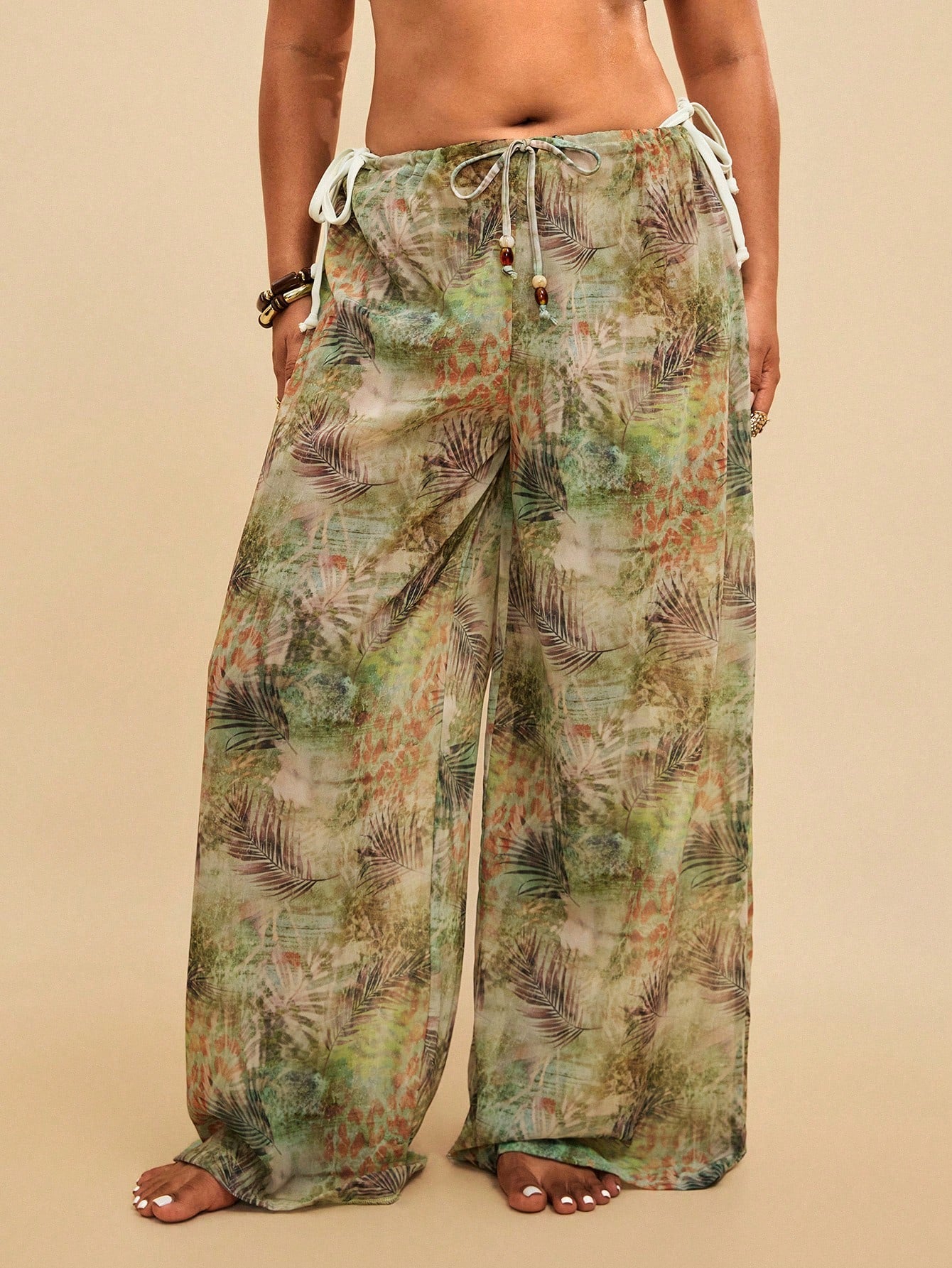 Travachic Women's Sage Green Summer Boho Elegant Beach Holiday Tropical Leaf Print Sheer Beach Cover-Up Pants,Lightweight Chiffon Drawstring Wide-Leg Trousers