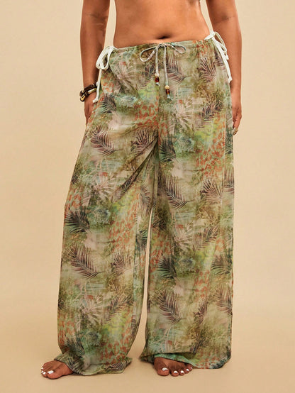 Travachic Women's Sage Green Summer Boho Elegant Beach Holiday Tropical Leaf Print Sheer Beach Cover-Up Pants,Lightweight Chiffon Drawstring Wide-Leg Trousers