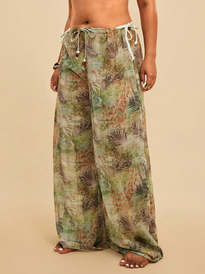 Travachic Women's Sage Green Summer Boho Elegant Beach Holiday Tropical Leaf Print Sheer Beach Cover-Up Pants,Lightweight Chiffon Drawstring Wide-Leg Trousers