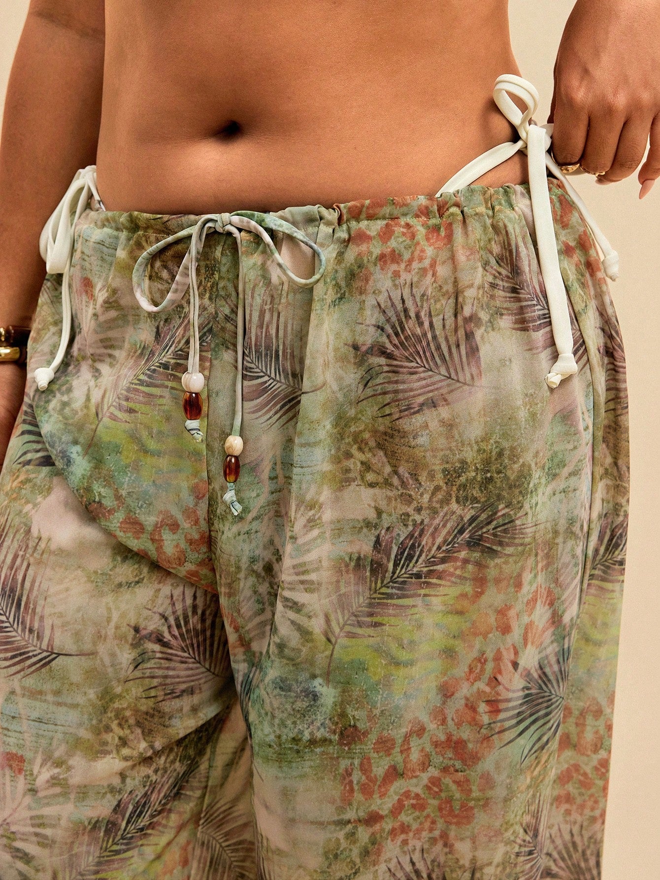 Travachic Women's Sage Green Summer Boho Elegant Beach Holiday Tropical Leaf Print Sheer Beach Cover-Up Pants,Lightweight Chiffon Drawstring Wide-Leg Trousers