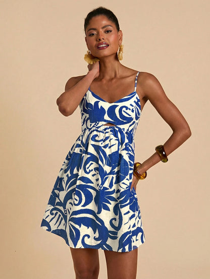 Travachic Woven Floral Spaghetti Strap Mini Dress For Women,Cream Summer Boho Flowy Beach Holiday Holiday,Elegant Mexican Style Tropical Wedding Guest Outfit