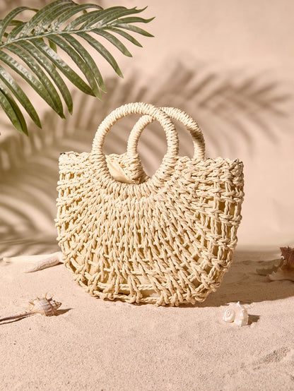 Tropiscape 1pc Semi-Circular Hollow Out Tote Bag- Fashionable Beach Vacation Straw Woven Bag, Vacation Bag For Summer, Holiday Essentials, Perfect For Travel, Vacation, Holiday & Beach, Perfect For B