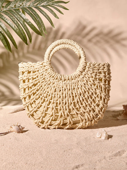 Tropiscape 1pc Semi-Circular Hollow Out Tote Bag- Fashionable Beach Vacation Straw Woven Bag, Vacation Bag For Summer, Holiday Essentials, Perfect For Travel, Vacation, Holiday & Beach, Perfect For B