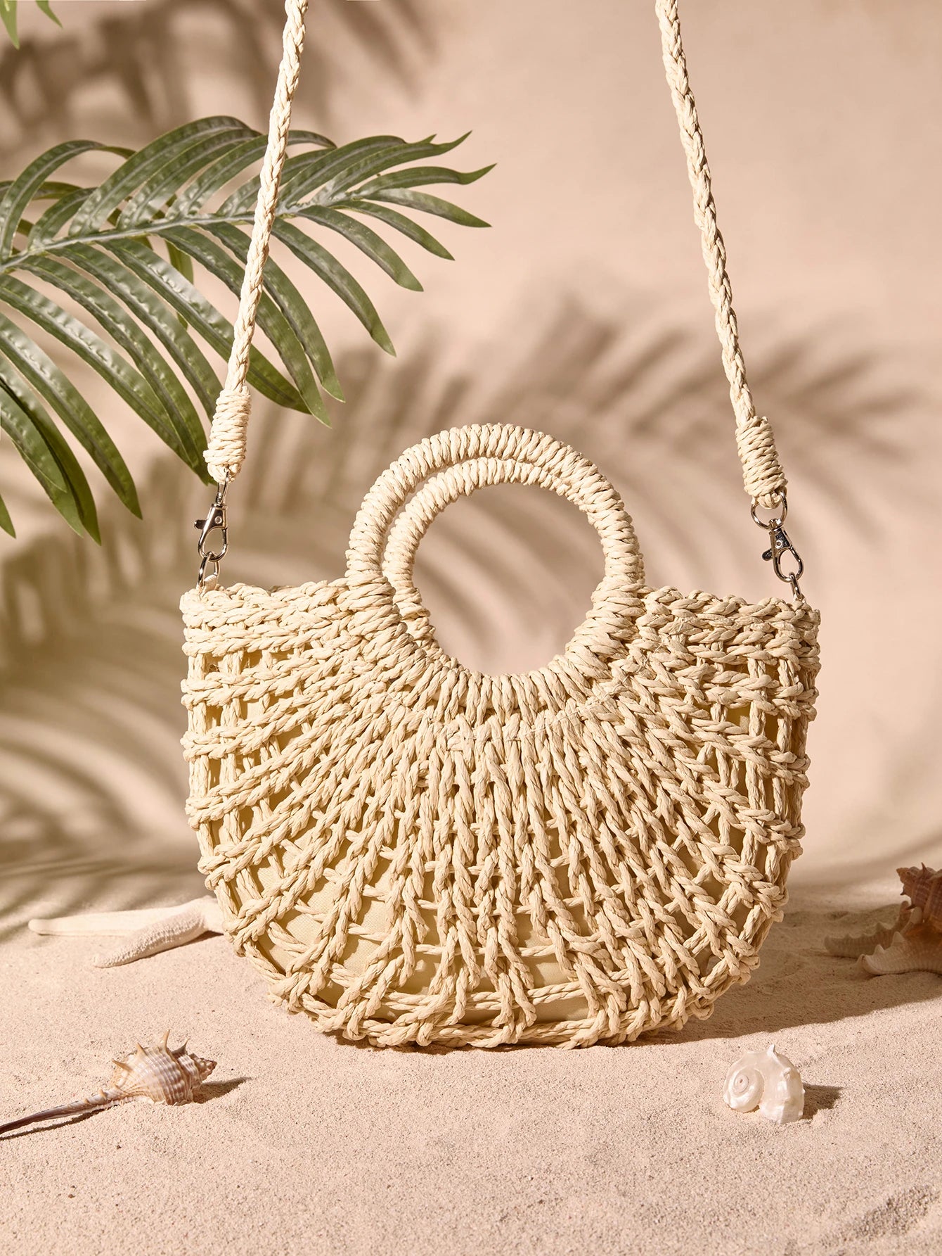 Tropiscape 1pc Semi-Circular Hollow Out Tote Bag- Fashionable Beach Vacation Straw Woven Bag, Vacation Bag For Summer, Holiday Essentials, Perfect For Travel, Vacation, Holiday & Beach, Perfect For B