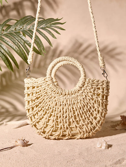 Tropiscape 1pc Semi-Circular Hollow Out Tote Bag- Fashionable Beach Vacation Straw Woven Bag, Vacation Bag For Summer, Holiday Essentials, Perfect For Travel, Vacation, Holiday & Beach, Perfect For B