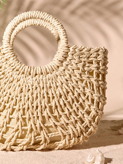 Tropiscape 1pc Semi-Circular Hollow Out Tote Bag- Fashionable Beach Vacation Straw Woven Bag, Vacation Bag For Summer, Holiday Essentials, Perfect For Travel, Vacation, Holiday & Beach, Perfect For B