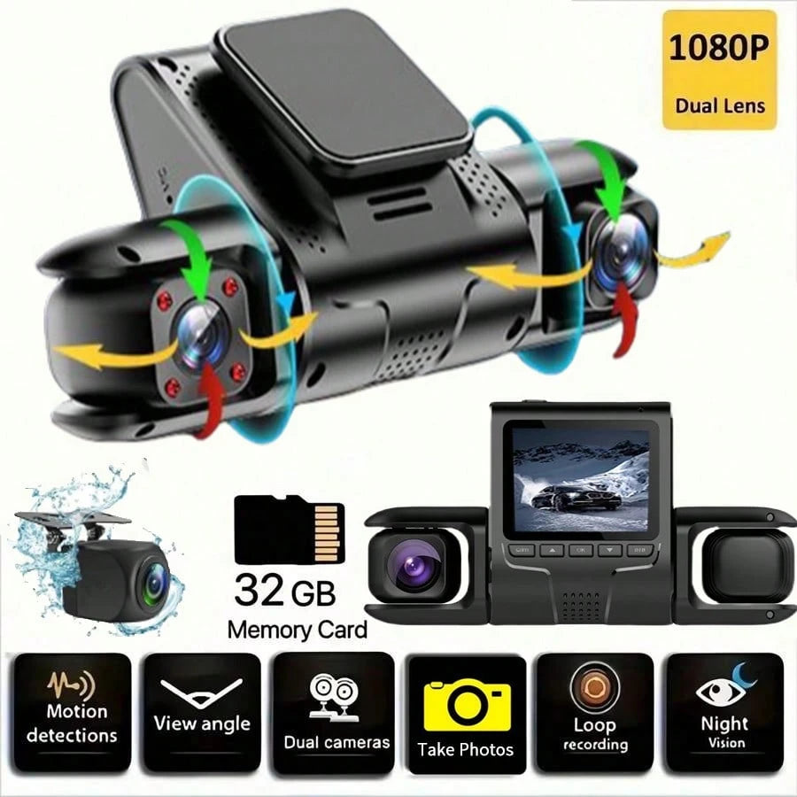 Two/Triple Camera Dash Cam- Infrared Night Vision, 1080P Front And 720P Rear,170° Wide Angle & Built-In Audio- Optional 32GB Card, Loop Recording, G-Sensor- Perfect Vehicle Safety Camera 24 Hours P