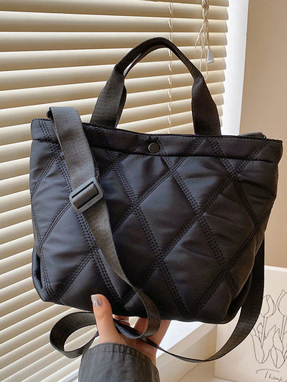 Ultra-light Nylon Stitching Bag, Casual Crescent-shaped Hobo Shoulder Bag, Diamond Pattern Shoulder Bag For Daily Use