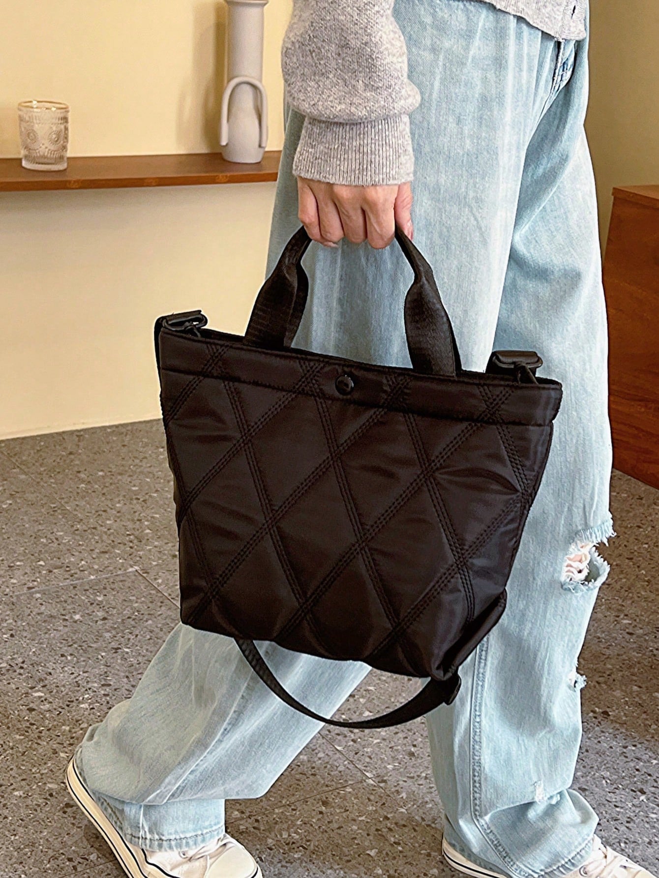 Ultra-light Nylon Stitching Bag, Casual Crescent-shaped Hobo Shoulder Bag, Diamond Pattern Shoulder Bag For Daily Use