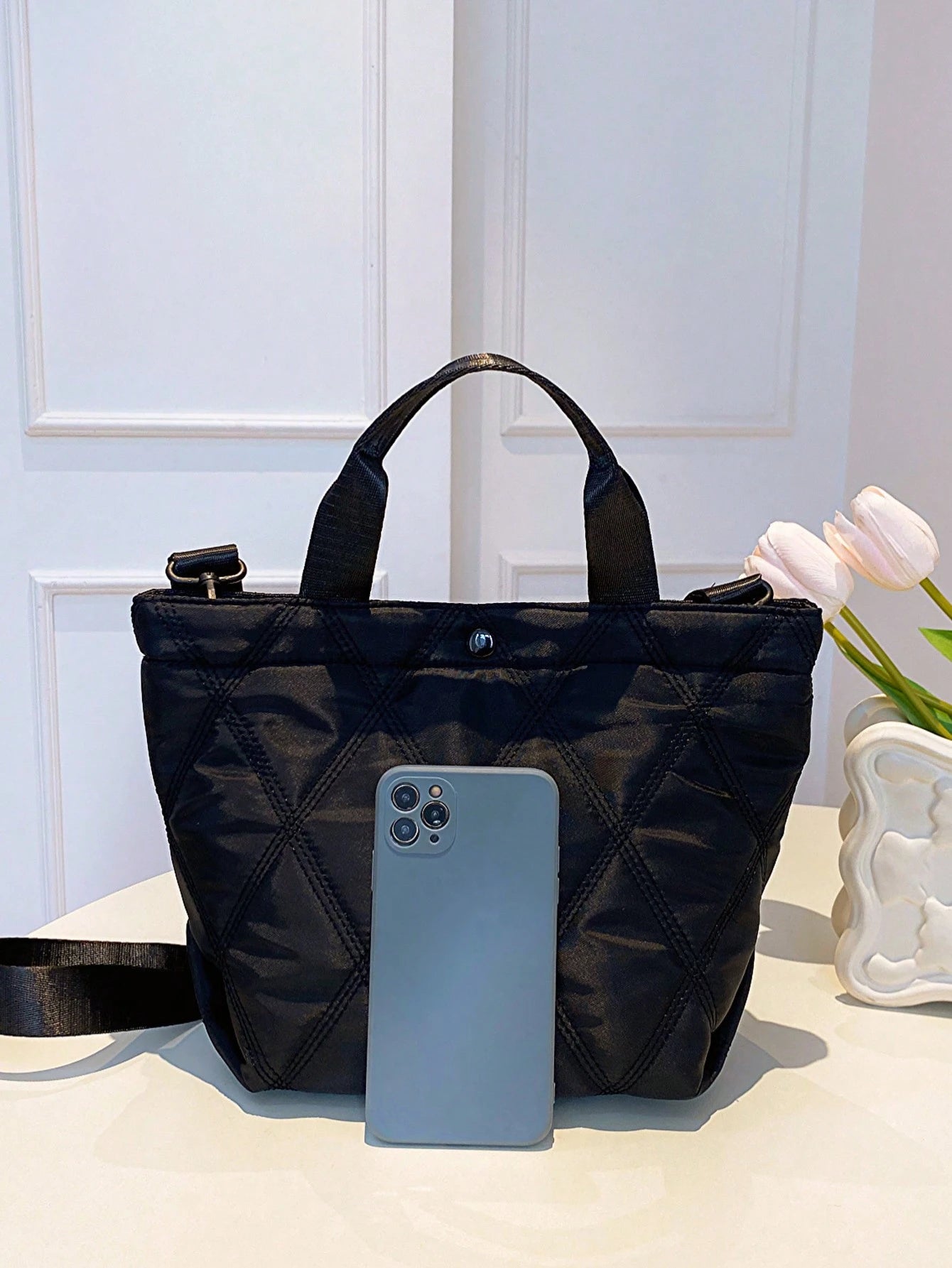 Ultra-light Nylon Stitching Bag, Casual Crescent-shaped Hobo Shoulder Bag, Diamond Pattern Shoulder Bag For Daily Use