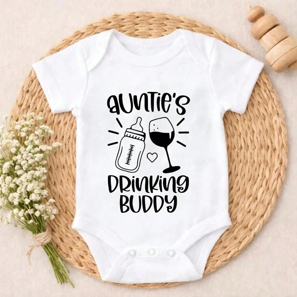 Ultra-Soft Auntie's Drinking Buddy Bottle Wine Print Short-Sleeve Bodysuit, Fashionable Design Baby Set Baby Clothes Comfortable And Snug Fit, Highly Stretchable, Machine Washable, Perfect For Outdoo