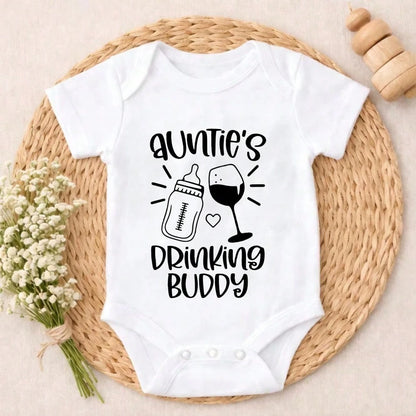 Ultra-Soft Auntie's Drinking Buddy Bottle Wine Print Short-Sleeve Bodysuit, Fashionable Design Baby Set Baby Clothes Comfortable And Snug Fit, Highly Stretchable, Machine Washable, Perfect For Outdoo