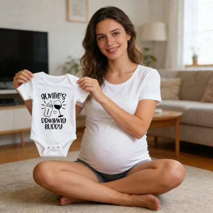 Ultra-Soft Auntie's Drinking Buddy Bottle Wine Print Short-Sleeve Bodysuit, Fashionable Design Baby Set Baby Clothes Comfortable And Snug Fit, Highly Stretchable, Machine Washable, Perfect For Outdoo