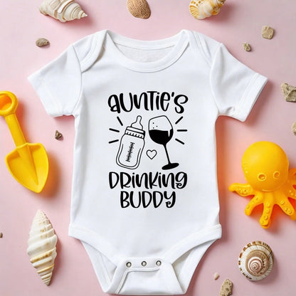 Ultra-Soft Auntie's Drinking Buddy Bottle Wine Print Short-Sleeve Bodysuit, Fashionable Design Baby Set Baby Clothes Comfortable And Snug Fit, Highly Stretchable, Machine Washable, Perfect For Outdoo